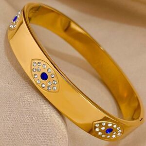 SALE 18k Gold Filled Sapphire Blue Topaz Crystal Evil Eye Cuff Bracelet